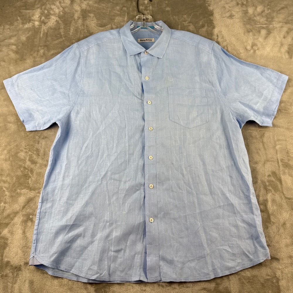 Tommy Bahama Linen Shirt Mens L Blue Short Sleeve Windowpane Button-Down EUC